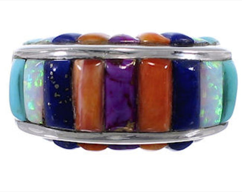 Multicolor Inlay Jewelry Sterling Silver Ring Size 8-1/2 AX37453